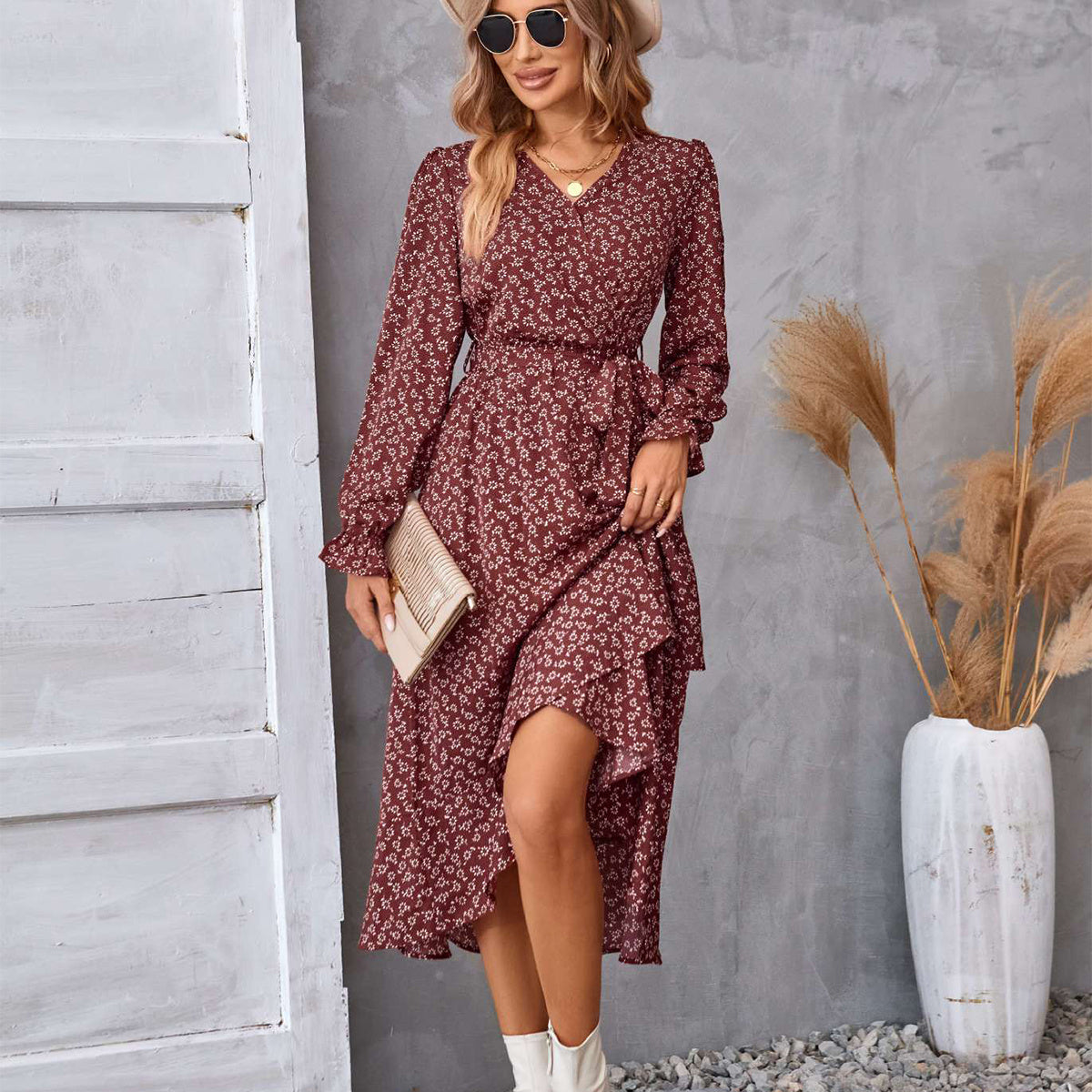 Floral Ruffled Long Sleeve Dress