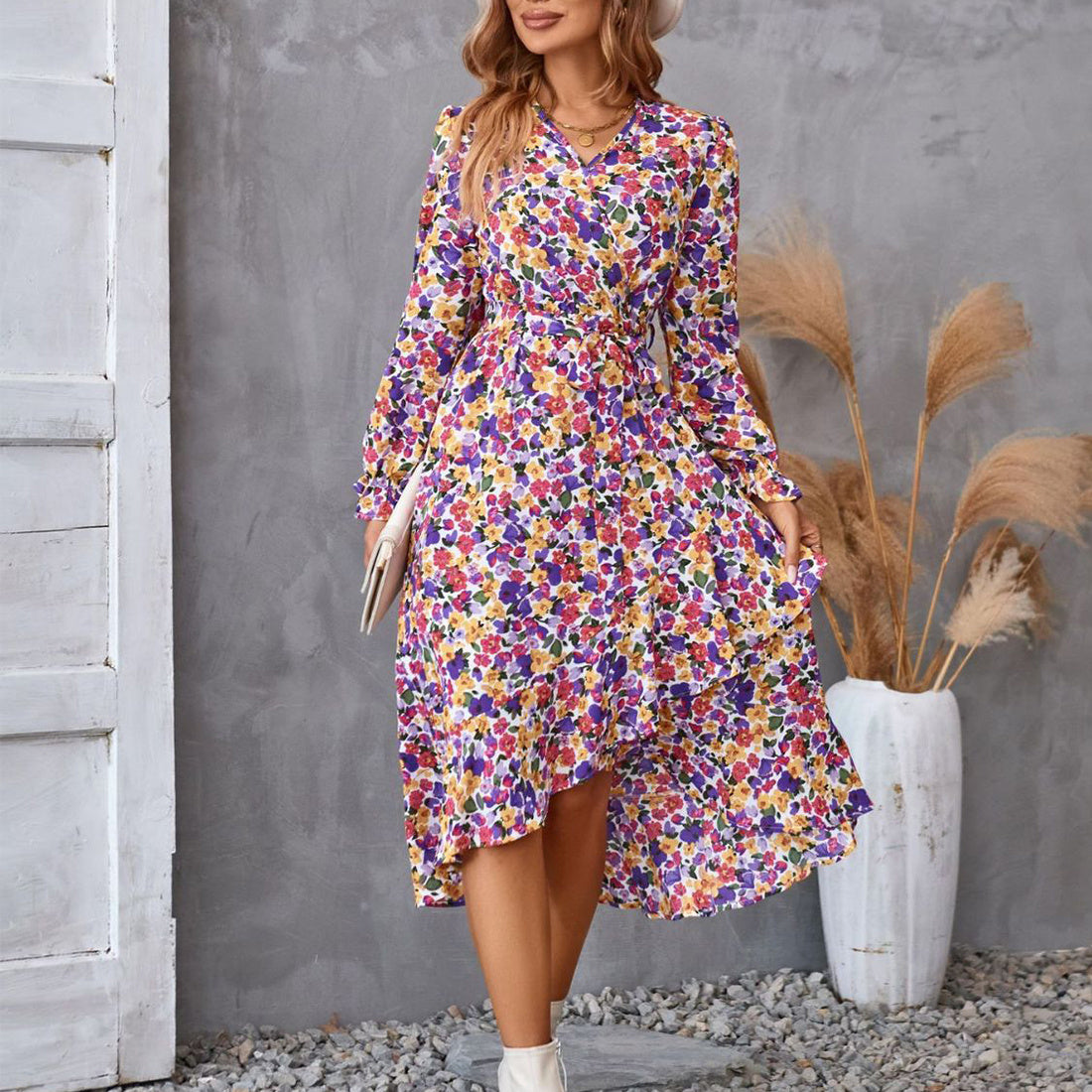 Floral Ruffled Long Sleeve Dress