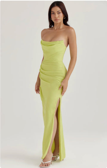 Satin Tube Top Split Knee-length Dress